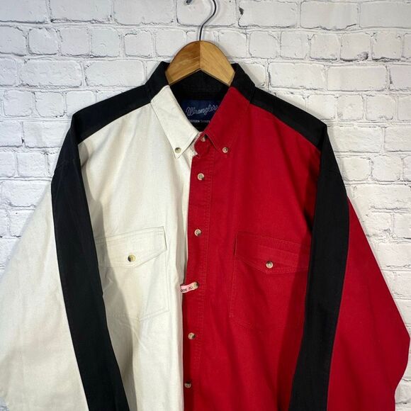 Wrangler Shirt Mens XL Color Block Button Up  Chambray  Workwear Country 90s - Picture 2 of 9